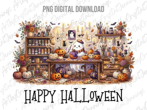 Download Cute Ghost Artist Happy Halloween PNG - Happy Collection